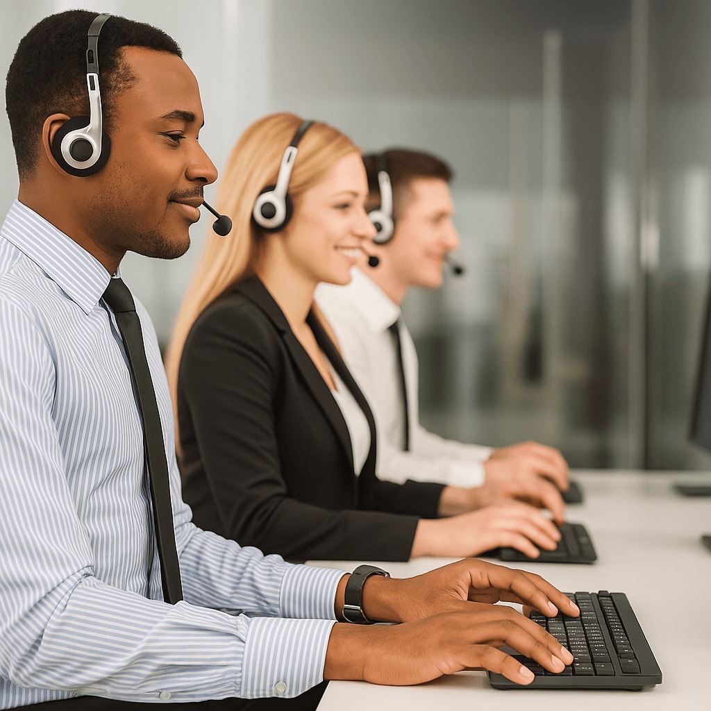 Customer service representatives wearing headsets working on computers in an office.